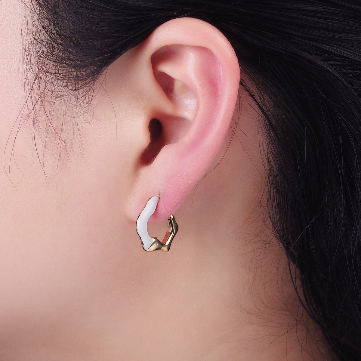Stainless Steel White, Black Enamel Abstract C-Shaped Hoop Earrings | AB1147 AB1148 - DLUXCA