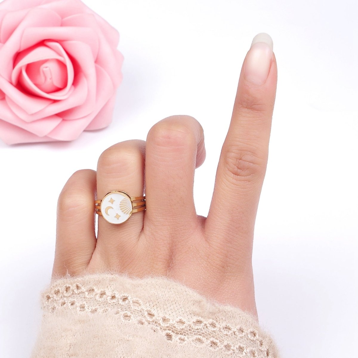 Stainless Steel White Enamel Celestial Sun Moon Stars Round Triple Band Ring | O1299 - DLUXCA