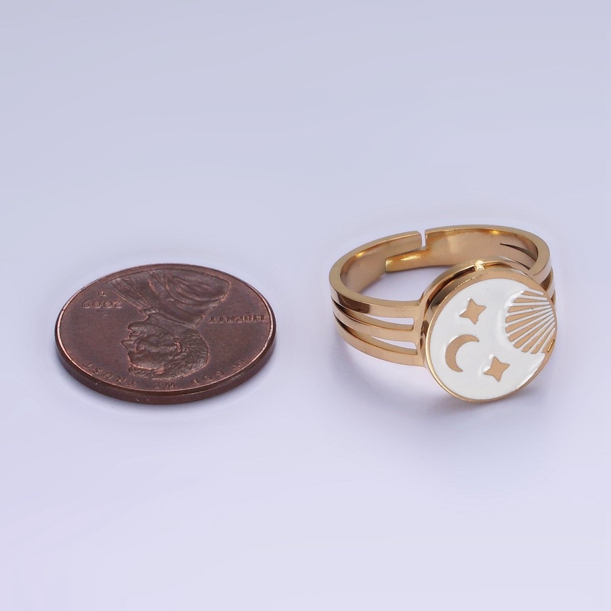 Stainless Steel White Enamel Celestial Sun Moon Stars Round Triple Band Ring | O1299 - DLUXCA