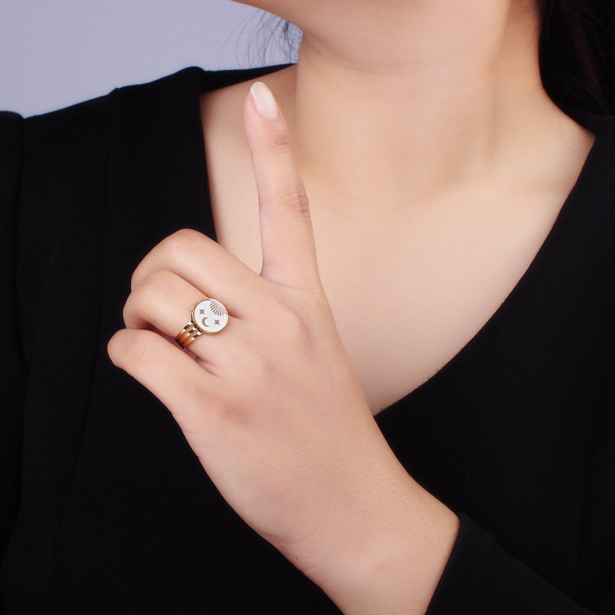 Stainless Steel White Enamel Celestial Sun Moon Stars Round Triple Band Ring | O1299 - DLUXCA