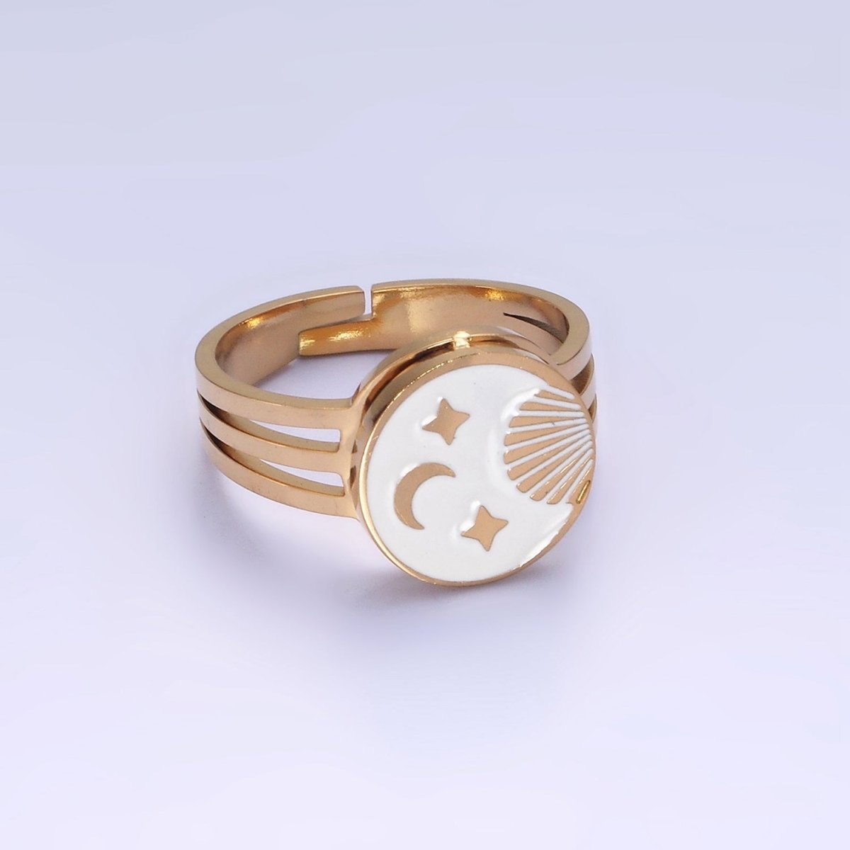 Stainless Steel White Enamel Celestial Sun Moon Stars Round Triple Band Ring | O1299 - DLUXCA