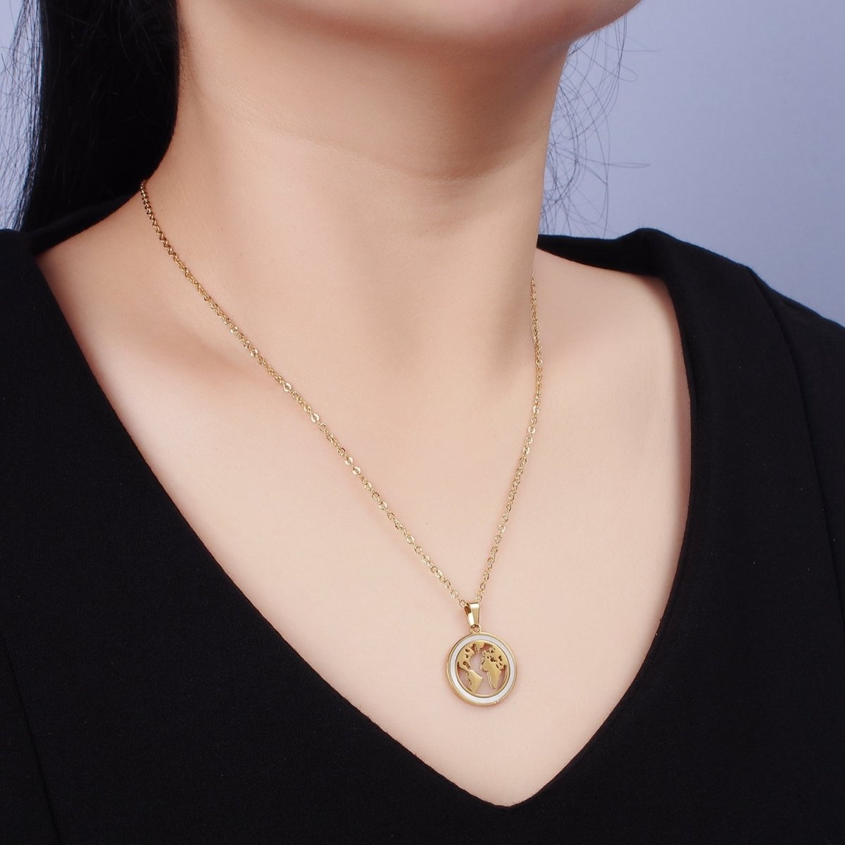 Stainless Steel World Map Shell Pearl Lined Open Round Medallion Pendant Sunburst Cable 17 Inch Chain Necklace | WA-2067 Clearance Pricing - DLUXCA