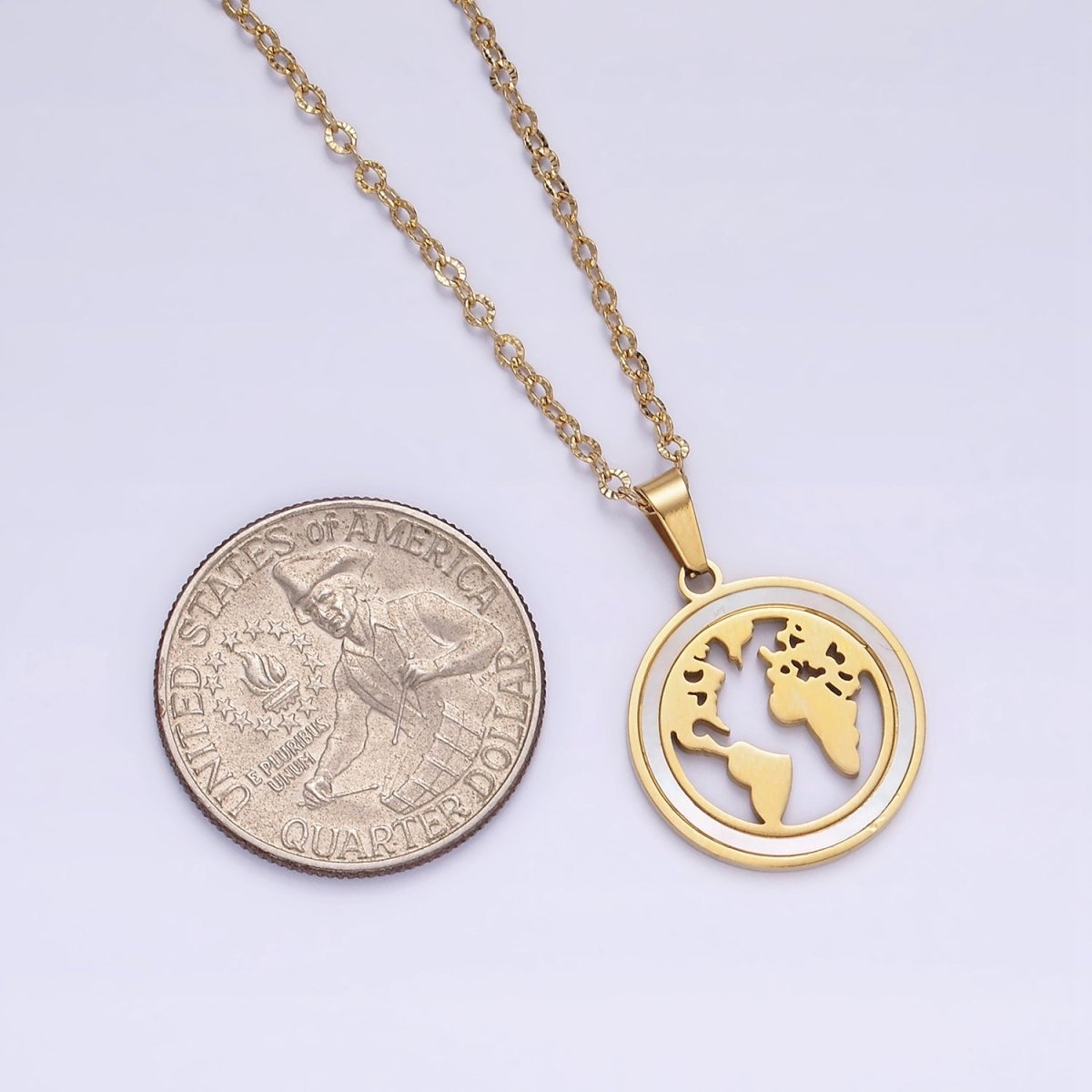 Stainless Steel World Map Shell Pearl Lined Open Round Medallion Pendant Sunburst Cable 17 Inch Chain Necklace | WA-2067 Clearance Pricing - DLUXCA