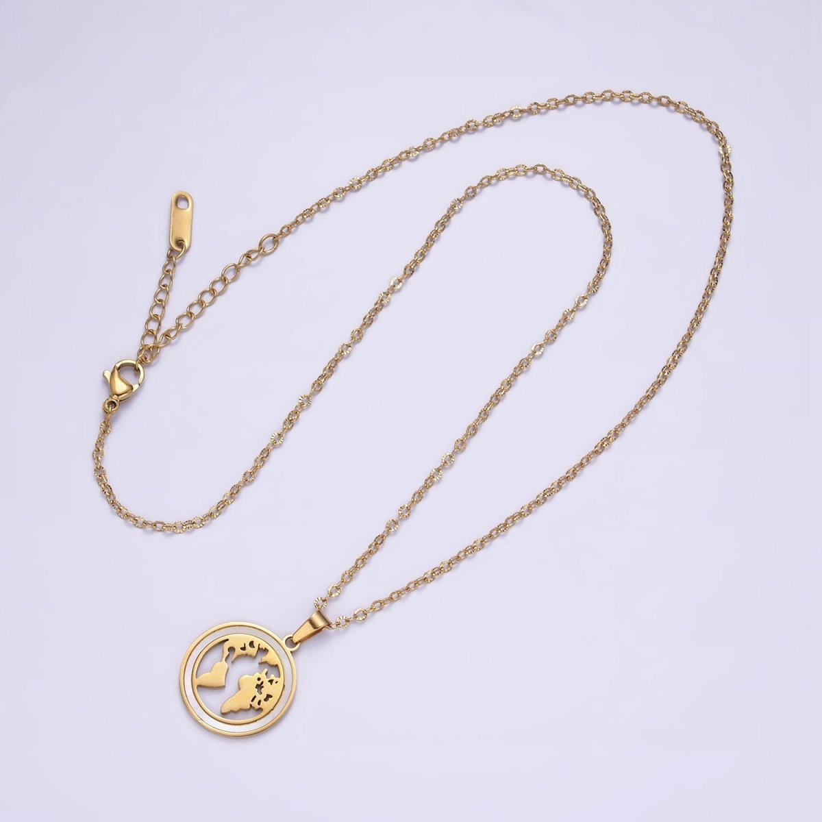 Stainless Steel World Map Shell Pearl Lined Open Round Medallion Pendant Sunburst Cable 17 Inch Chain Necklace | WA-2067 Clearance Pricing - DLUXCA