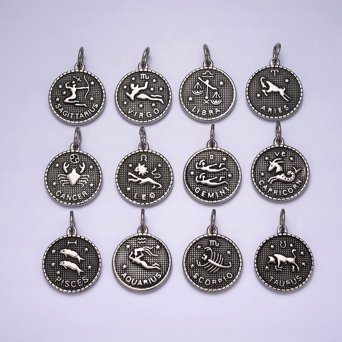 Stainless Steel Zodiac Astrological Sign Birth Star Constellation Dotted Round Silver Charm | A1229~A1234 - DLUXCA