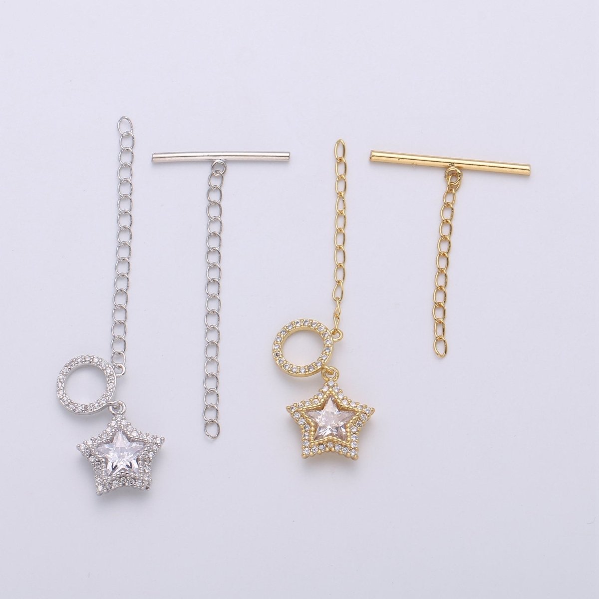 Star Pave CZ Toggle Clasp Silver, 24K Gold Filled Toggle Clasp Micro Pave Clear CZ OT Toggle Clasp, For Necklacet/Bracelet Jewelry Supplies K-450 K-451 - DLUXCA