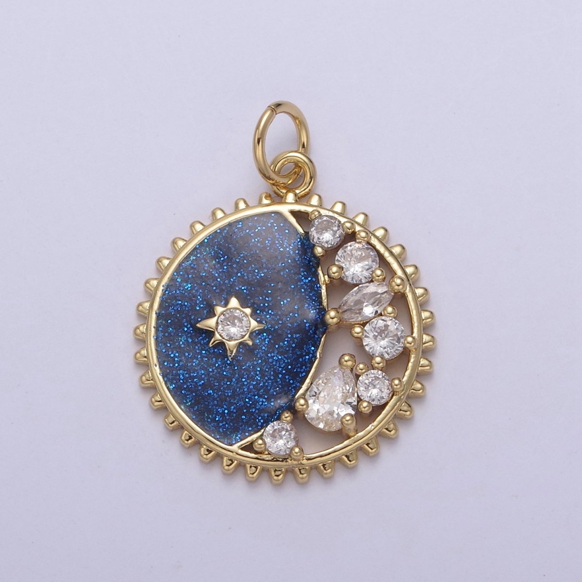 Starburst Star Glitter Sparkle Coin Charm, 17mm coin Gold Filled CZ Coin, Celestial CZ Drop Pendant N-726 - N-728 - DLUXCA