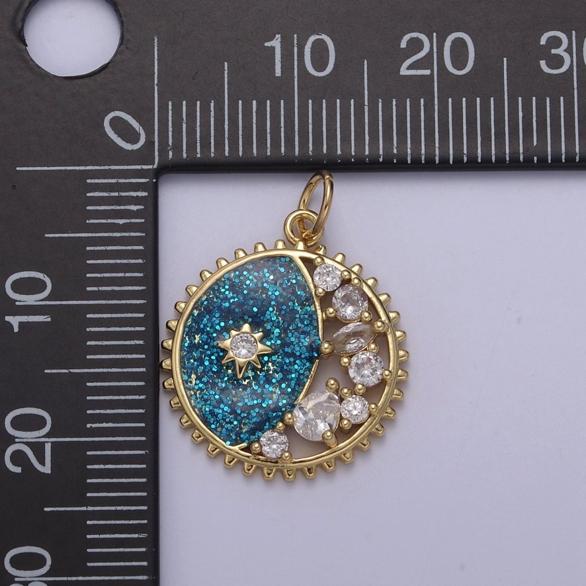 Starburst Star Glitter Sparkle Coin Charm, 17mm coin Gold Filled CZ Coin, Celestial CZ Drop Pendant N-726 - N-728 - DLUXCA