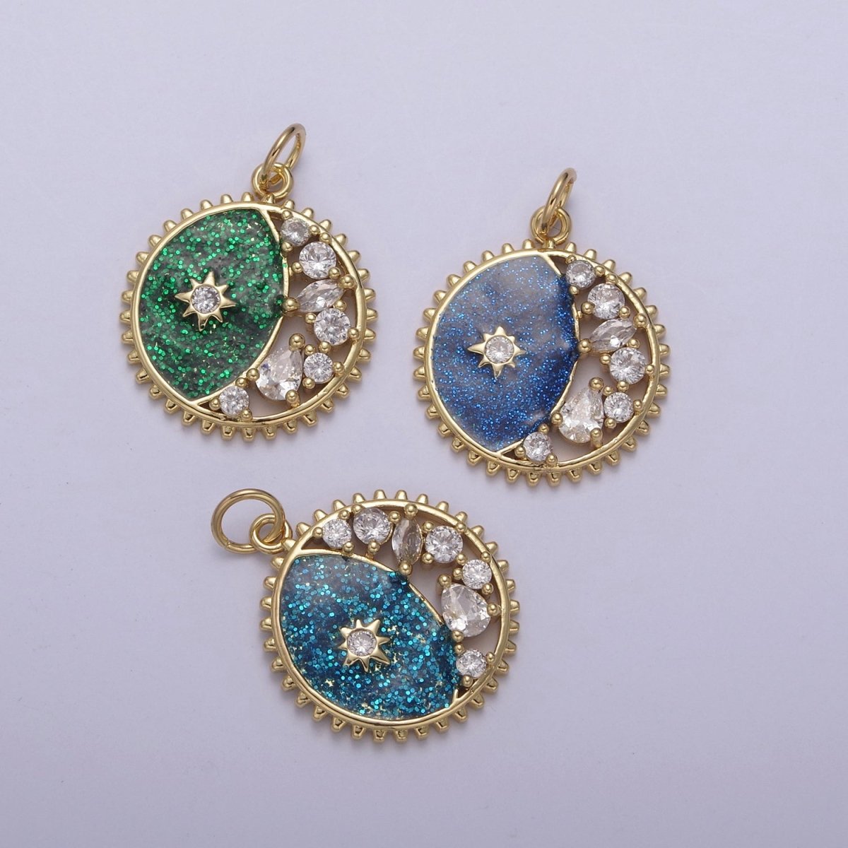 Starburst Star Glitter Sparkle Coin Charm, 17mm coin Gold Filled CZ Coin, Celestial CZ Drop Pendant N-726 - N-728 - DLUXCA