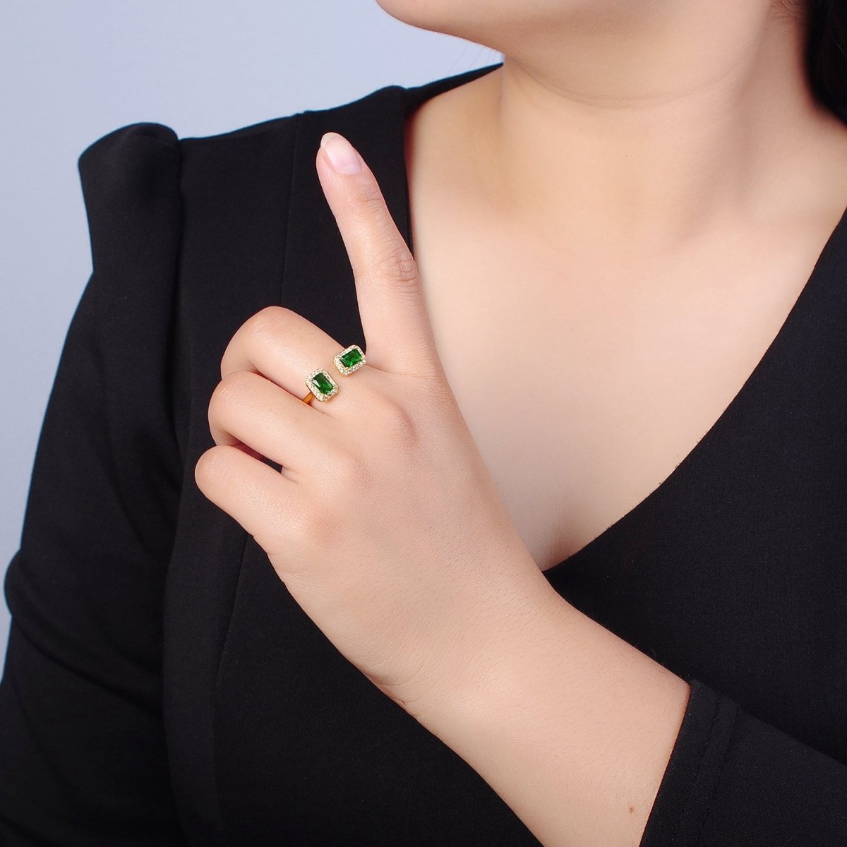 Statement Gold Emerald Cut Green CZ Ring Open Adjustable O-2183 - DLUXCA