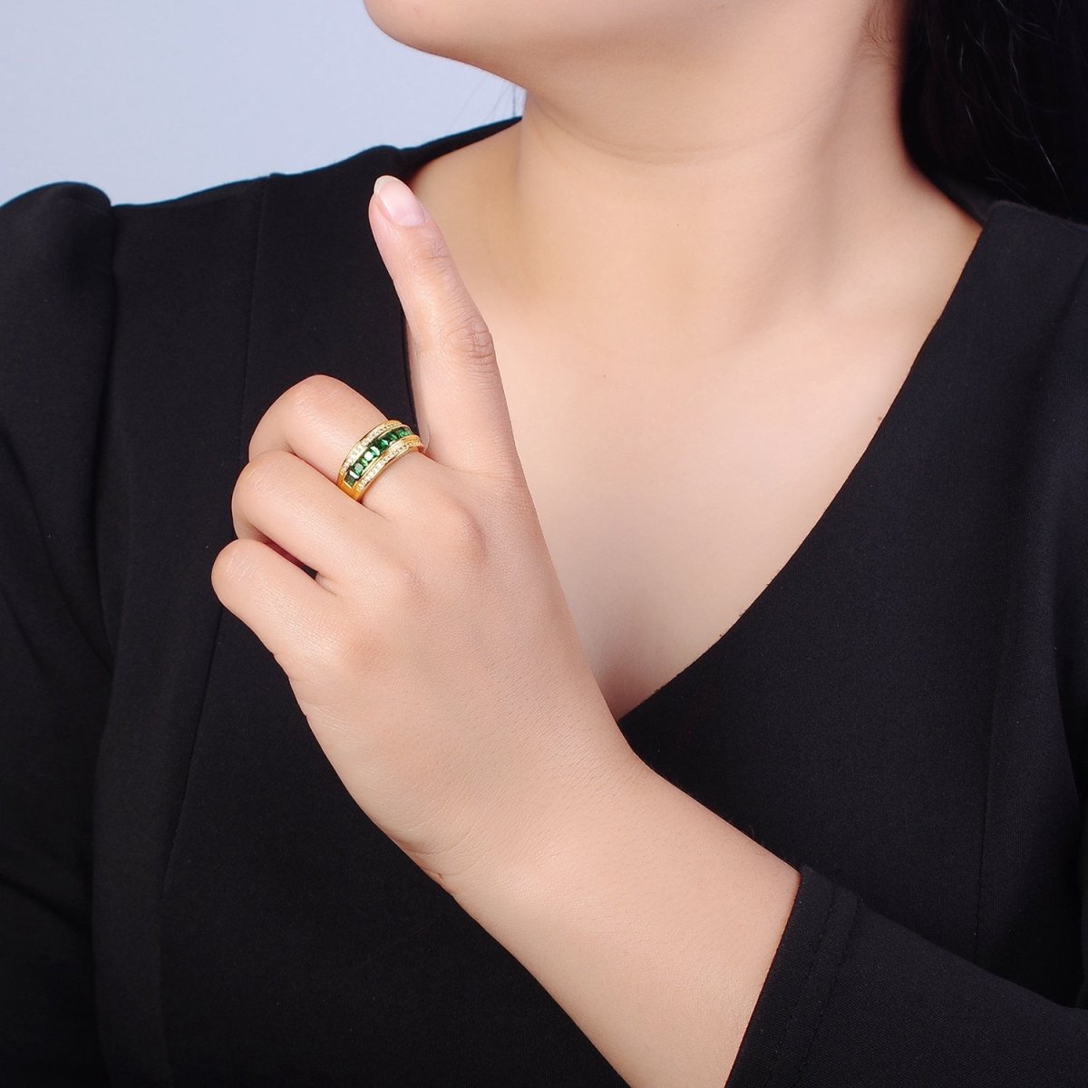 Statement Gold Emerald Green CZ Ring Open Adjustable O-2181 - DLUXCA