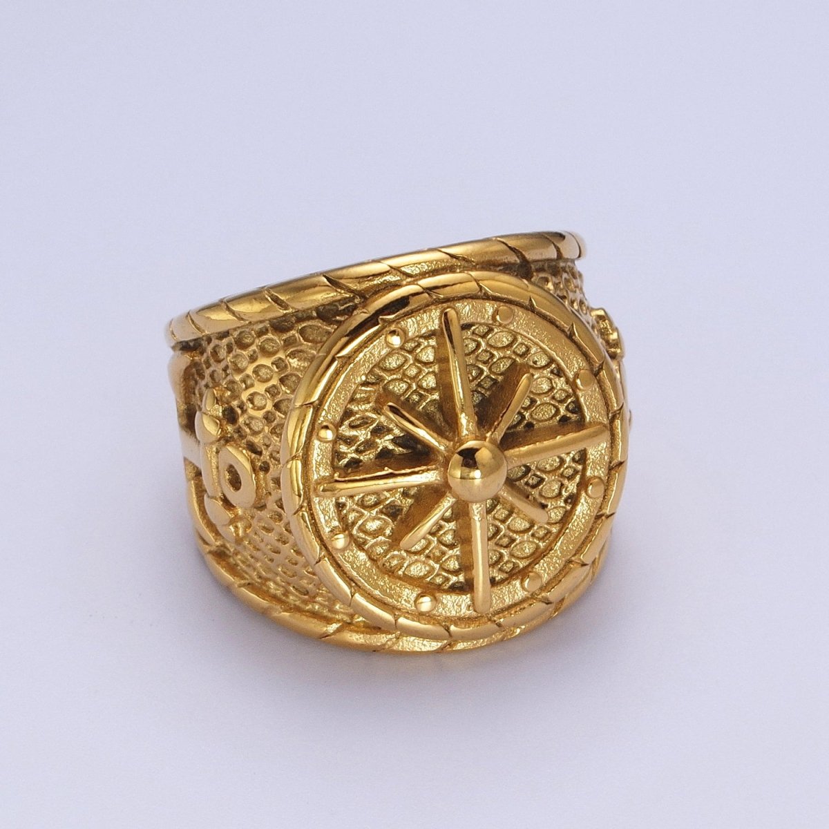 Statement Stainless Steel Ships' Steering Wheel Anchor Textured Ring in Silver & Gold | Y-434 ~ Y-437, Y-414 ~ Y-417 - DLUXCA