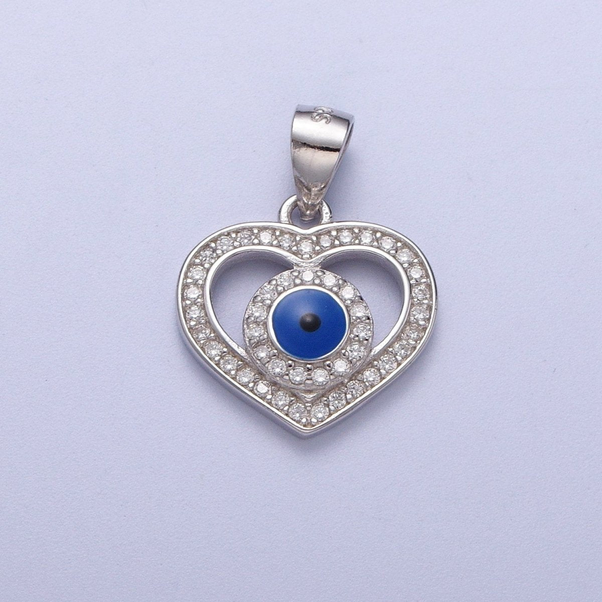 Sterling Silver Blue Evil Eye Pendant Cubic Zirconia Heart Charm For Protection Jewelry SL-405 - DLUXCA