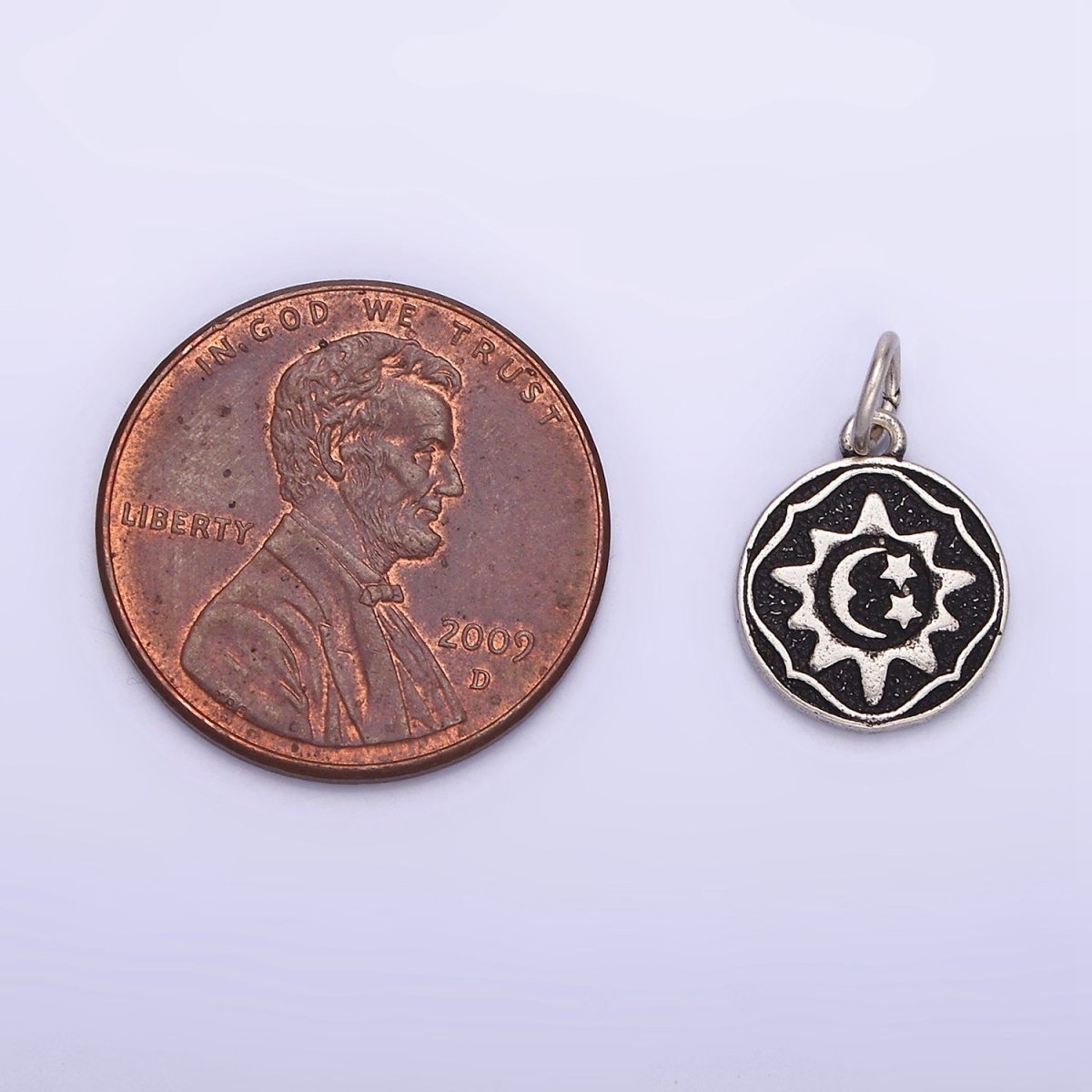 Sterling Silver S925 Celestial Sun Star Crescent Moon Round Coin Charm | SL-343 - DLUXCA