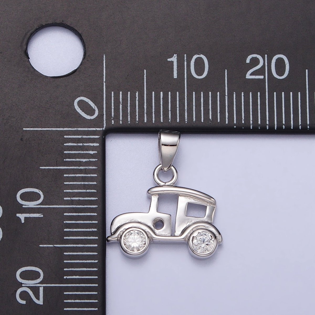 Sterling Silver S925 Mini Vintage Classic Car Clear CZ Wheel Pendant | SL-394 - DLUXCA