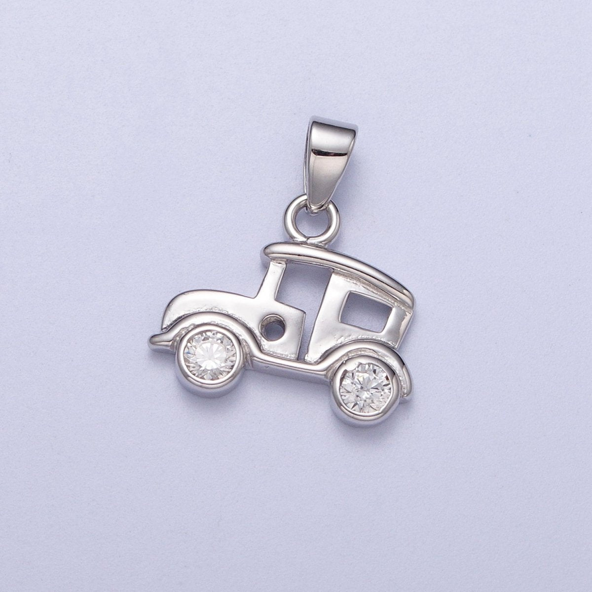 Sterling Silver S925 Mini Vintage Classic Car Clear CZ Wheel Pendant | SL-394 - DLUXCA