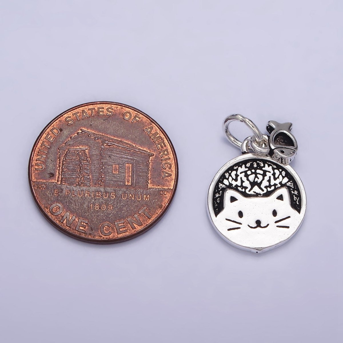 Sterling Silver S925 Pet Kitty Cat Round Textured Mini Fish Drop Double Charm | SL-268 - DLUXCA