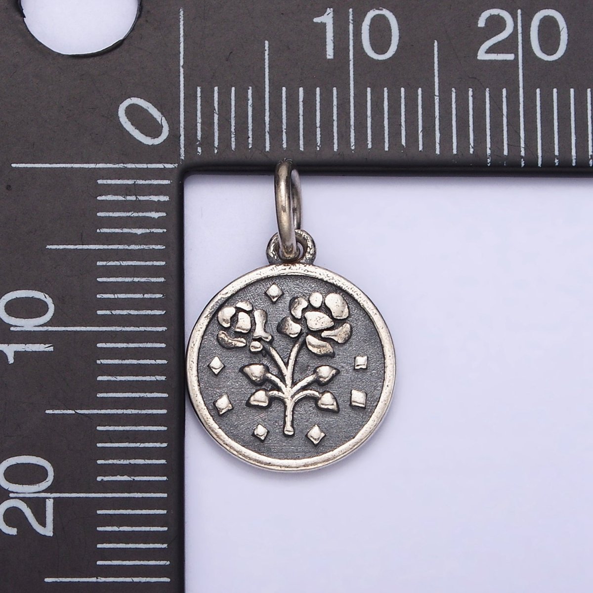 Sterling Silver S925 Rose Flower Rhombus Heart Petal Double Sided Round Medallion Charm | SL-285 - DLUXCA