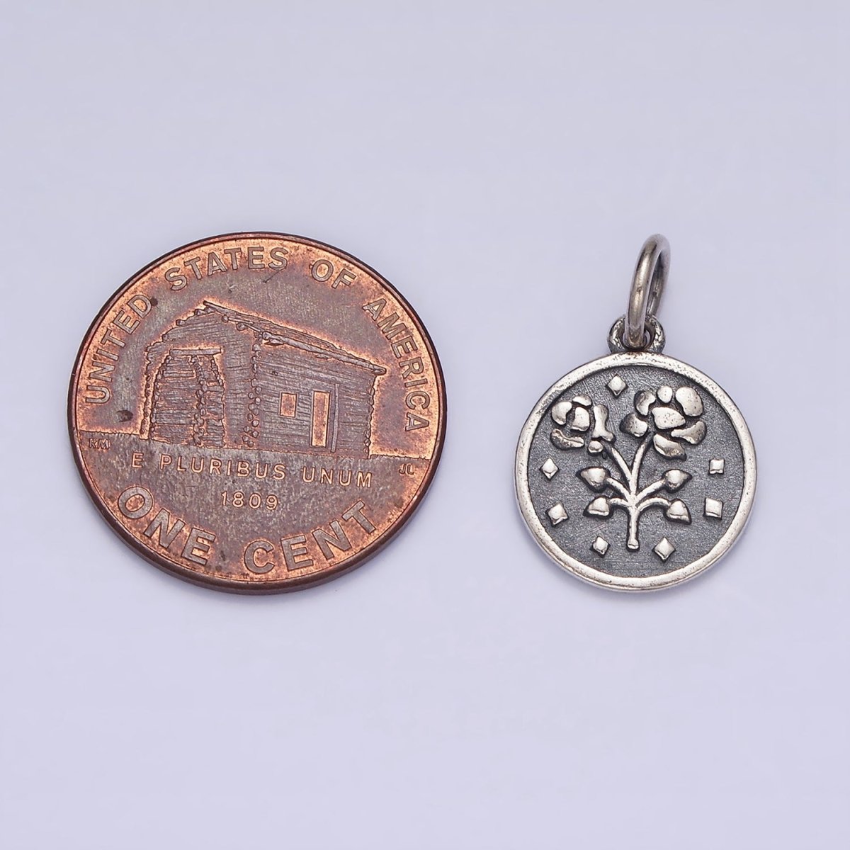 Sterling Silver S925 Rose Flower Rhombus Heart Petal Double Sided Round Medallion Charm | SL-285 - DLUXCA