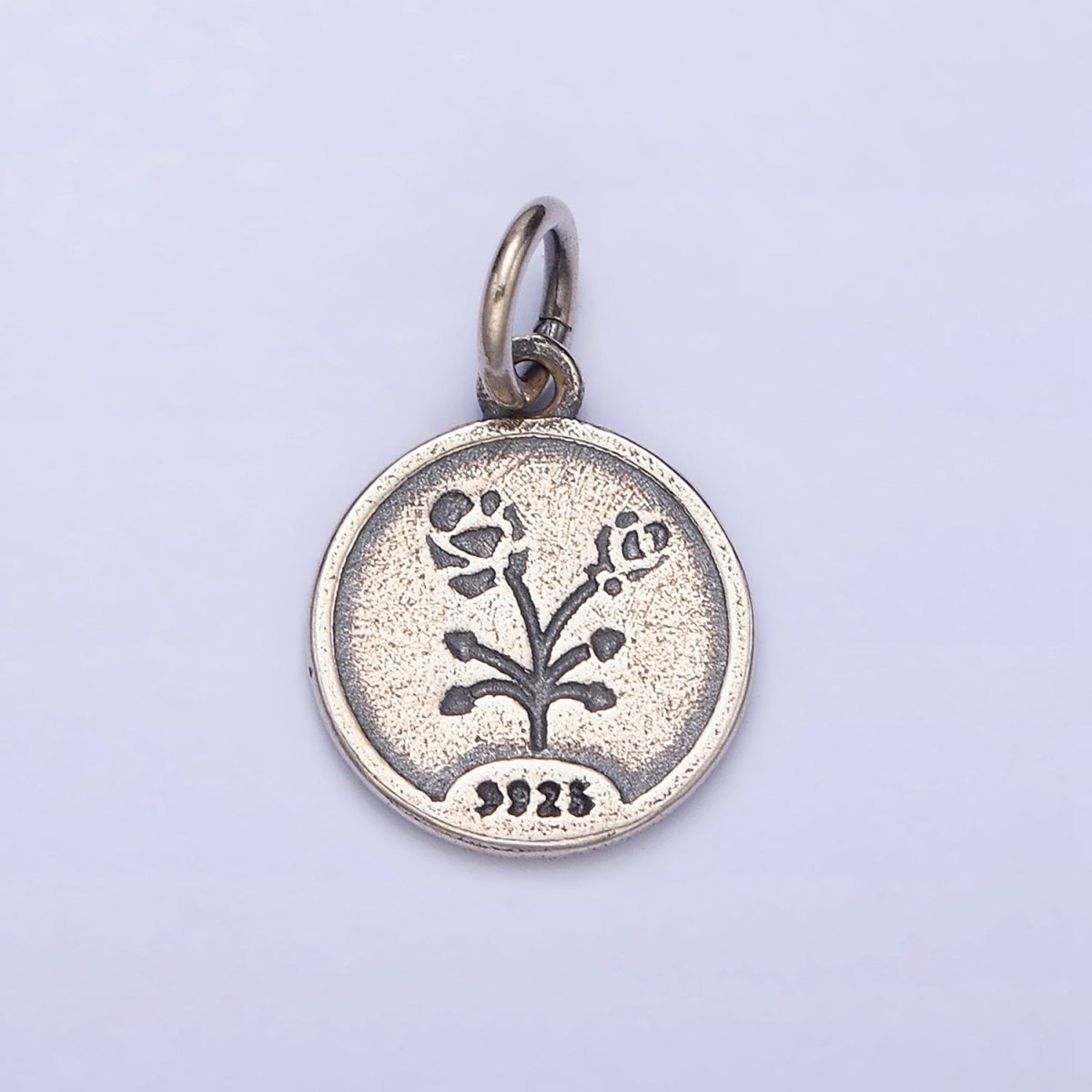 Sterling Silver S925 Rose Flower Rhombus Heart Petal Double Sided Round Medallion Charm | SL-285 - DLUXCA