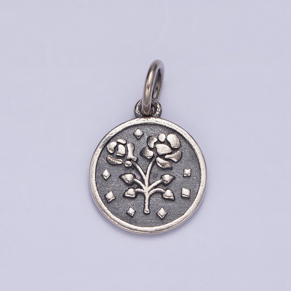 Sterling Silver S925 Rose Flower Rhombus Heart Petal Double Sided Round Medallion Charm | SL-285 - DLUXCA