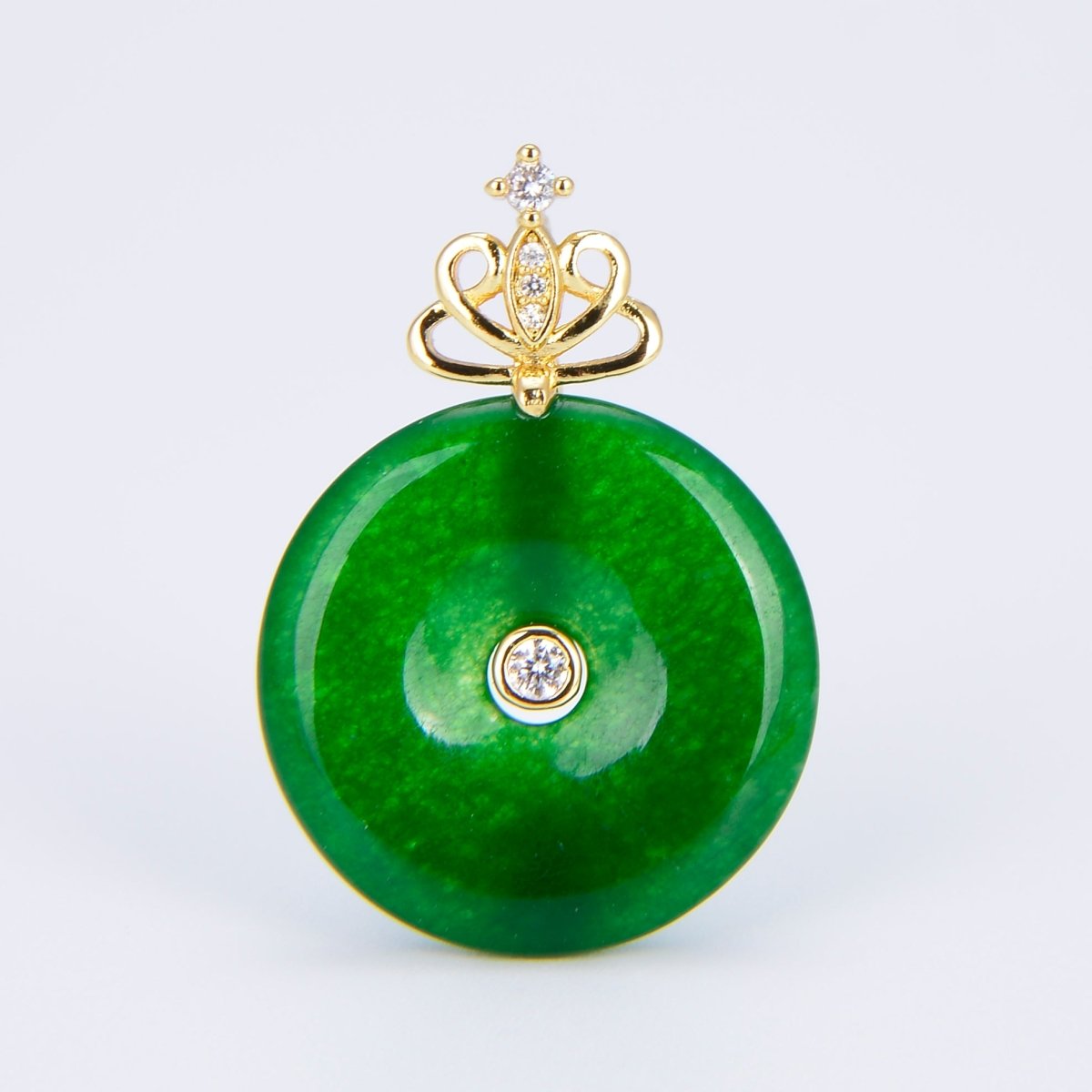 Stunning Chinese Green Donut Charm Green Jade Pendant Lucky Stone with Gold Crown Bail for Necklace Supply O-223 - DLUXCA
