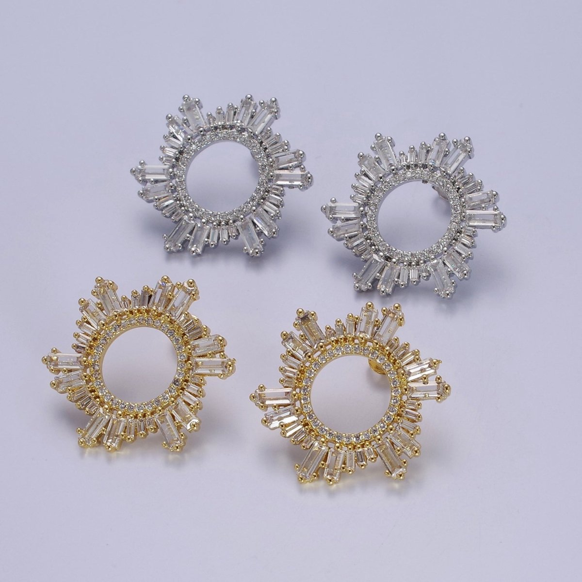 Sunburst Stud Earrings, Sun Ray Stud Earrings, CZ Sunburst Celestial Earring in Gold Filled / Silver V-134 V-135 - DLUXCA