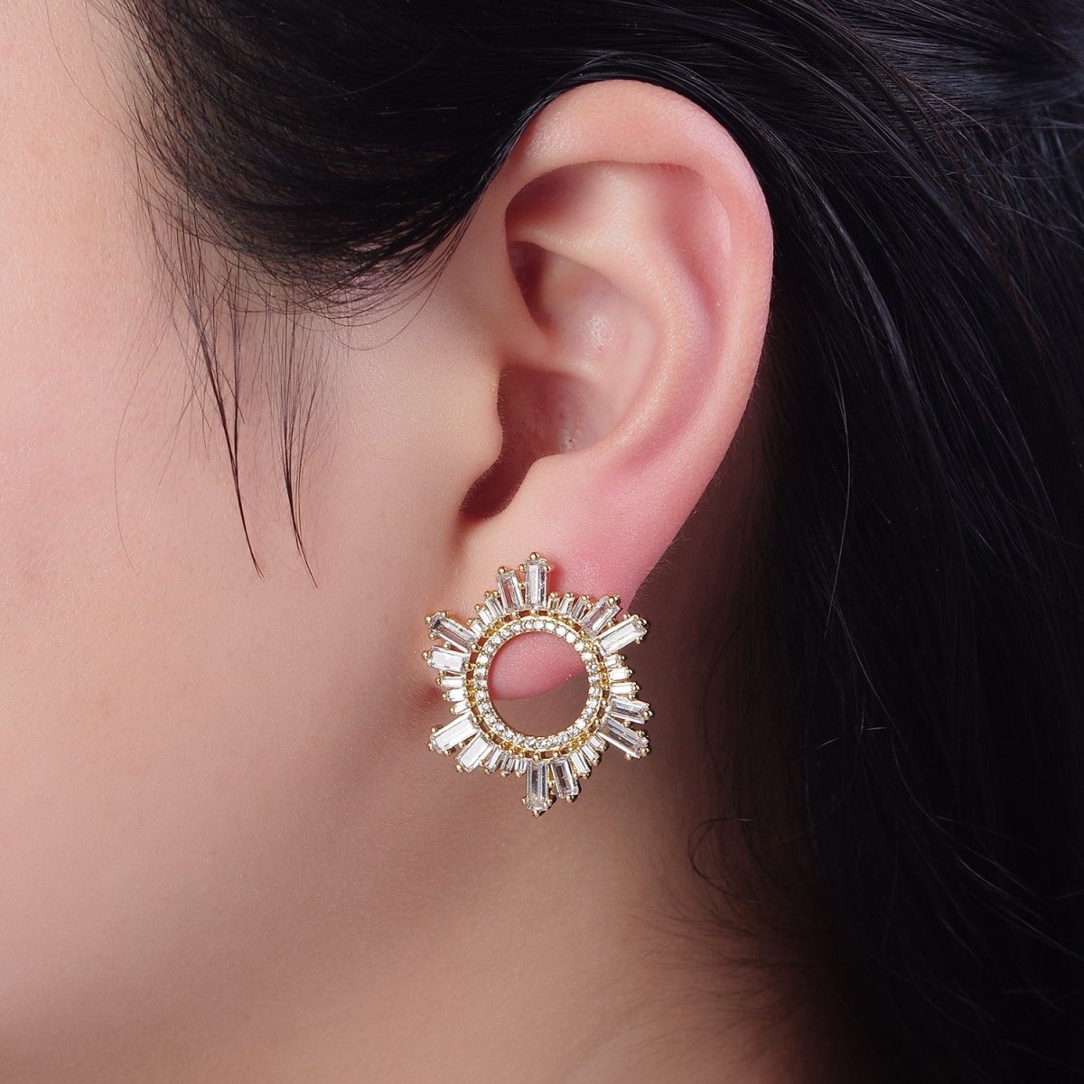 Sunburst Stud Earrings, Sun Ray Stud Earrings, CZ Sunburst Celestial Earring in Gold Filled / Silver V-134 V-135 - DLUXCA