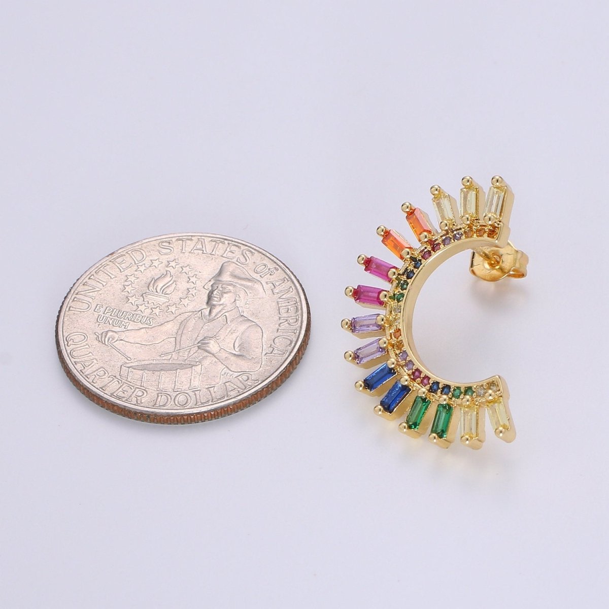 Super Cute Rainbow Studs • Moon Rainbow Earrings • Gold Multi Color Stone Earrings • Fan Studs • Kawaii Style Statement Earring Q-314 - DLUXCA