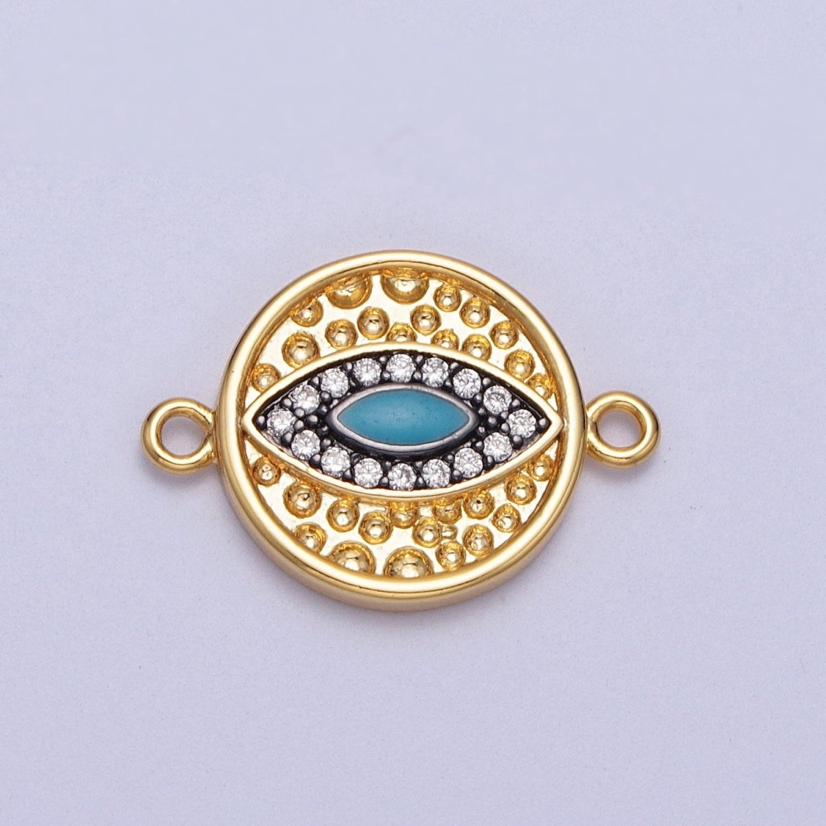Teal Evil Eye Micro Paved Dotted Abstract Round Gold Connector | Y-647 - DLUXCA