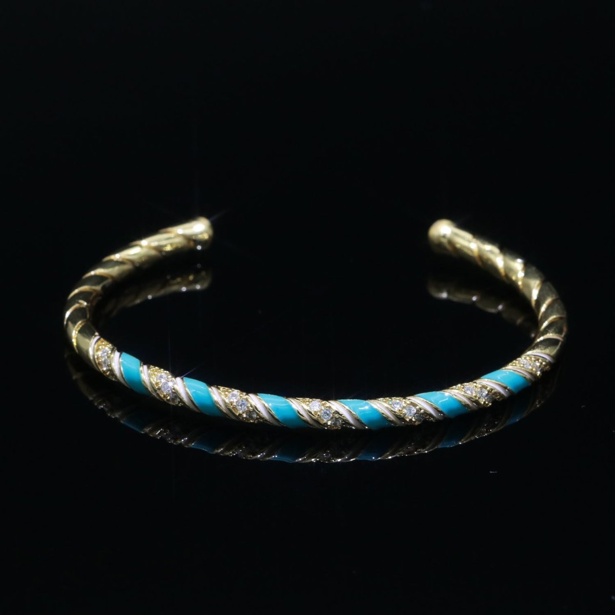 Teal Pastel Enamel Geometric Swirl Gold Filled Bangle Open Adjustable Bracelet Vintage Style Inspired - DLUXCA