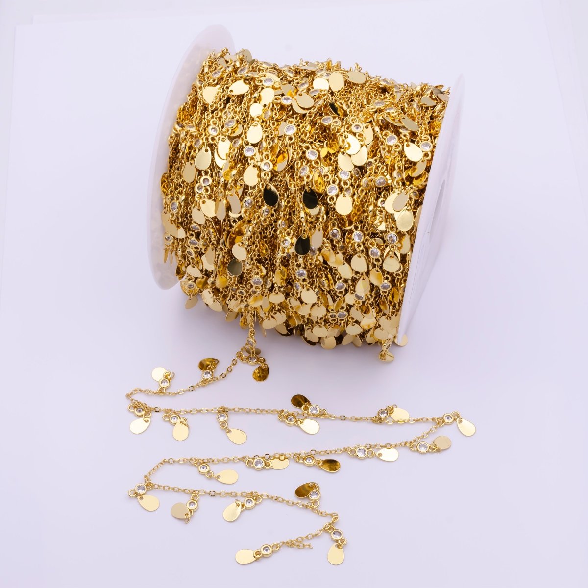 Tear Drop Chain, Gold and CZ Sequin Chain by Yard for Necklace, Anklet, Bracelet, belly dancer Waist Supply | ROLL-814 Clearance Pricing - DLUXCA