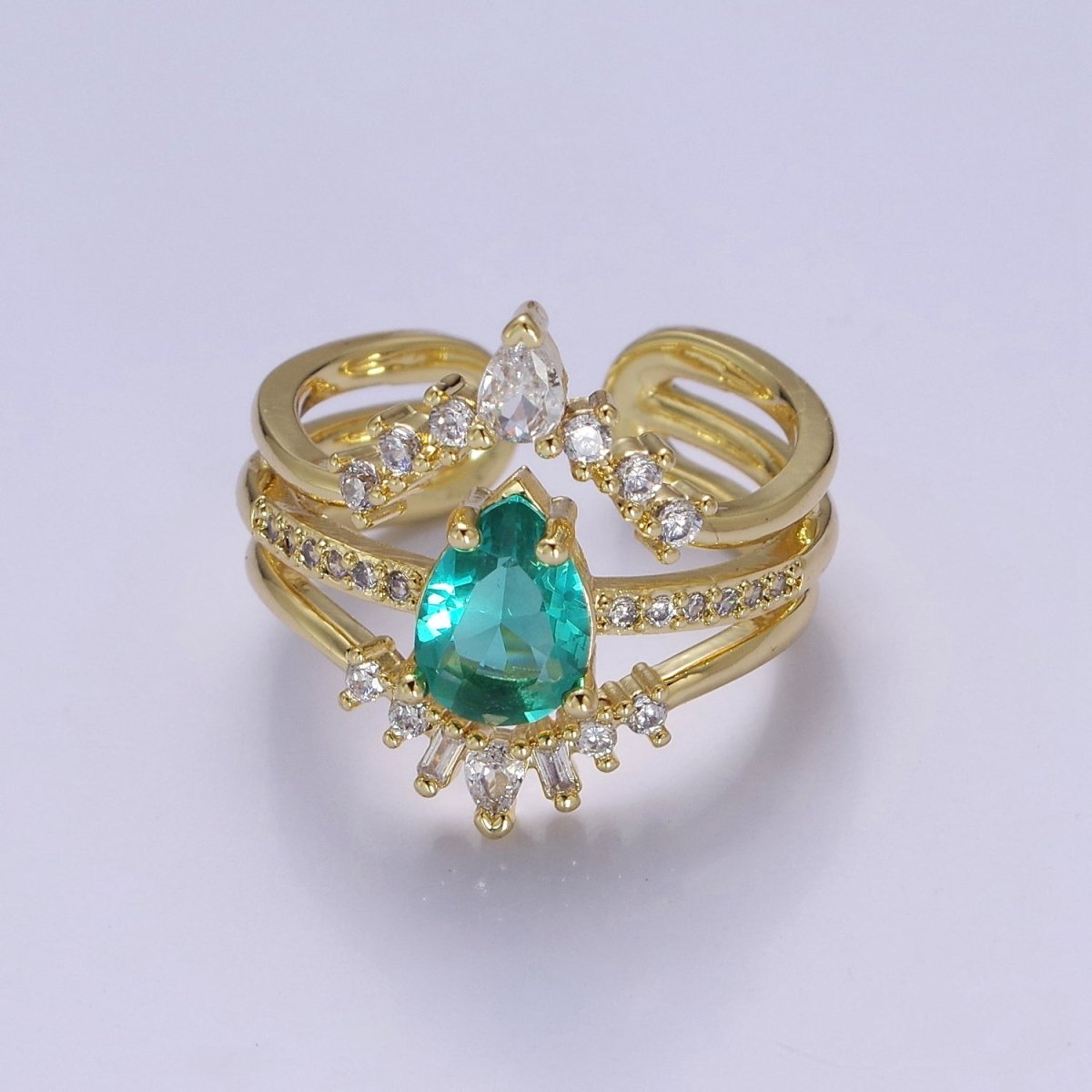 Teardrop Aqua CZ March Birthstone Micro Paved Triple Band Statement Gold Ring | O-2182 - DLUXCA