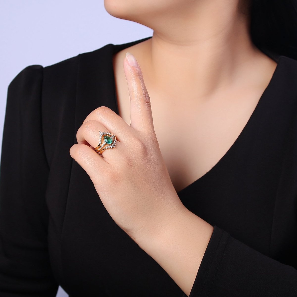 Teardrop Aqua CZ March Birthstone Micro Paved Triple Band Statement Gold Ring | O-2182 - DLUXCA