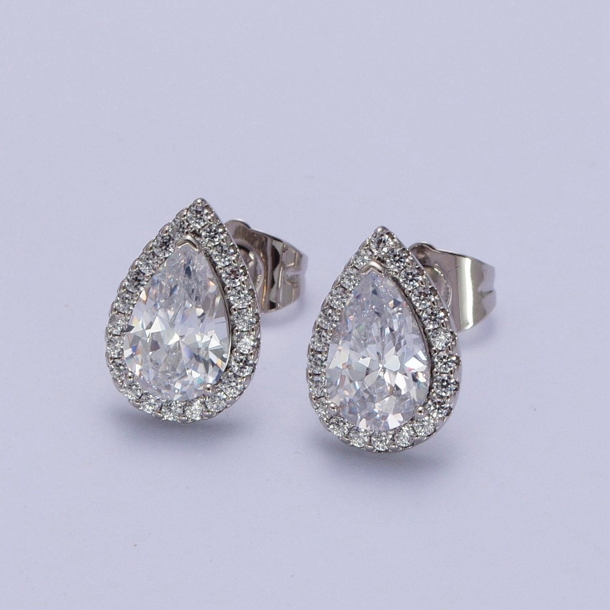 Teardrop Pave Earrings, Pave Halo Stud Earrings, Cubic Zirconia Stone Studs, Silver CZ Diamond Earrings Y-003 Y-004 - DLUXCA