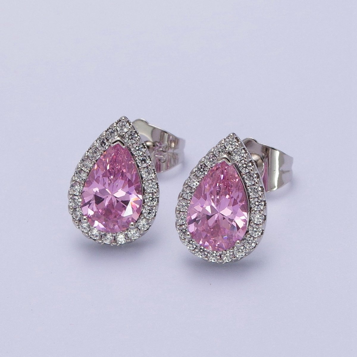 Teardrop Pave Earrings, Pave Halo Stud Earrings, Cubic Zirconia Stone Studs, Silver CZ Diamond Earrings Y-003 Y-004 - DLUXCA