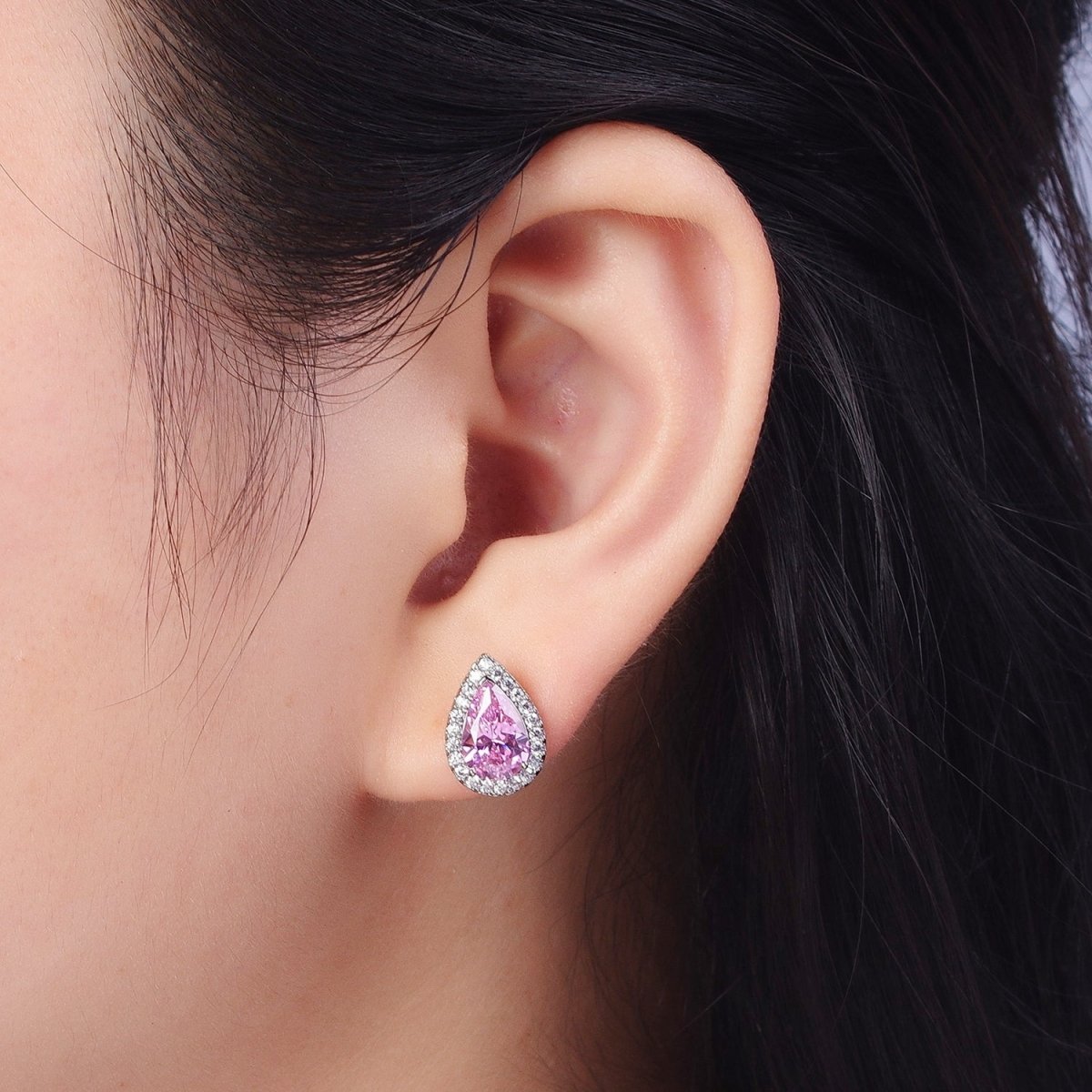 Teardrop Pave Earrings, Pave Halo Stud Earrings, Cubic Zirconia Stone Studs, Silver CZ Diamond Earrings Y-003 Y-004 - DLUXCA