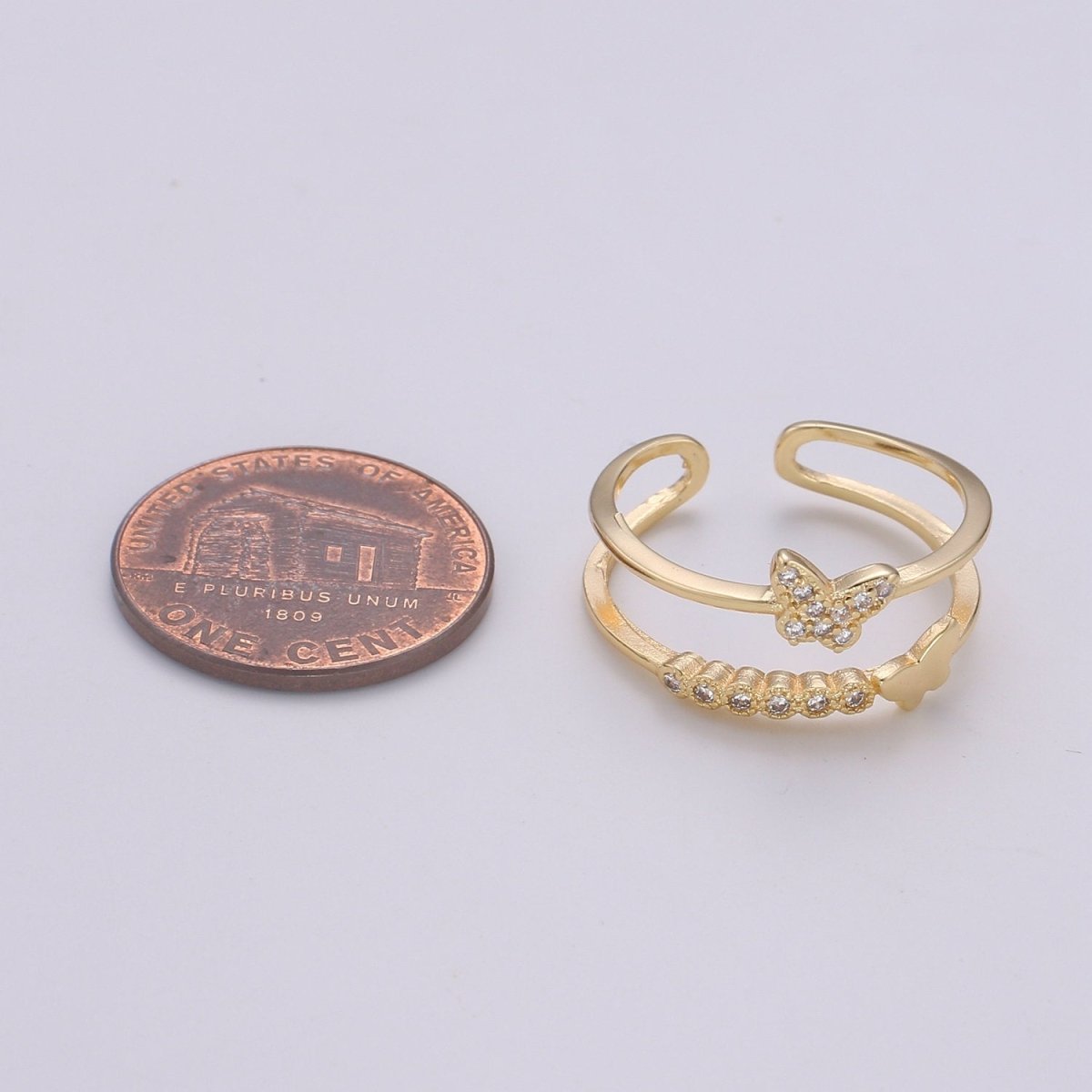 Thin gold Vermeil double band ring - Dainty Butterfly Ring Stacking ring - wrap ring for Christmas Gift idea R-149 - DLUXCA