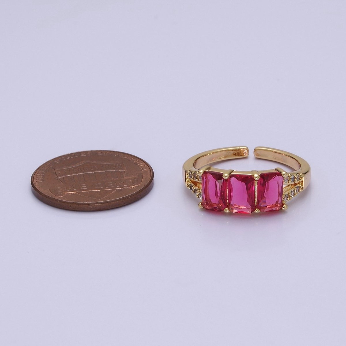 Three Pink Fuchsia Emerald Cut CZ Gold Band Open Adjustable Statement Jewelry O-2073 - DLUXCA