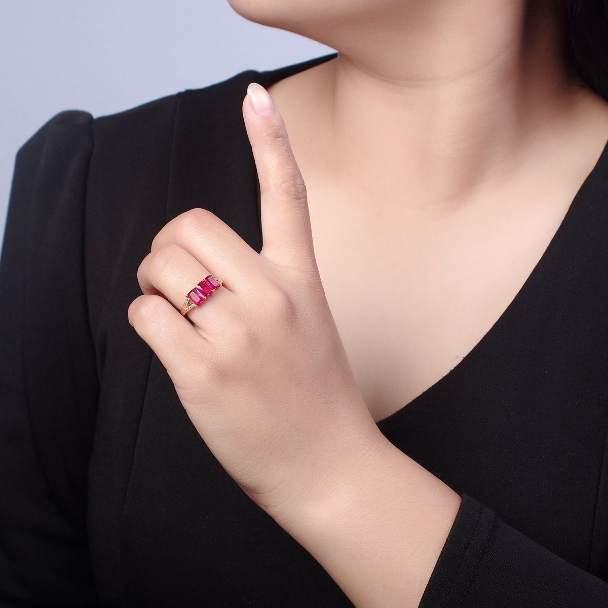 Three Pink Fuchsia Emerald Cut CZ Gold Band Open Adjustable Statement Jewelry O-2073 - DLUXCA