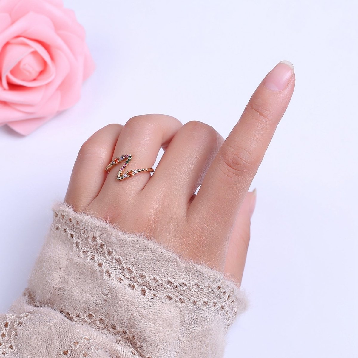 Thunderbolt Ring, Lightning Bolt Ring Cubic Colorful Cubic Zirconia Ring, Nature Inspired Ring, Unique Thunder Lightning Ring S-540 - DLUXCA