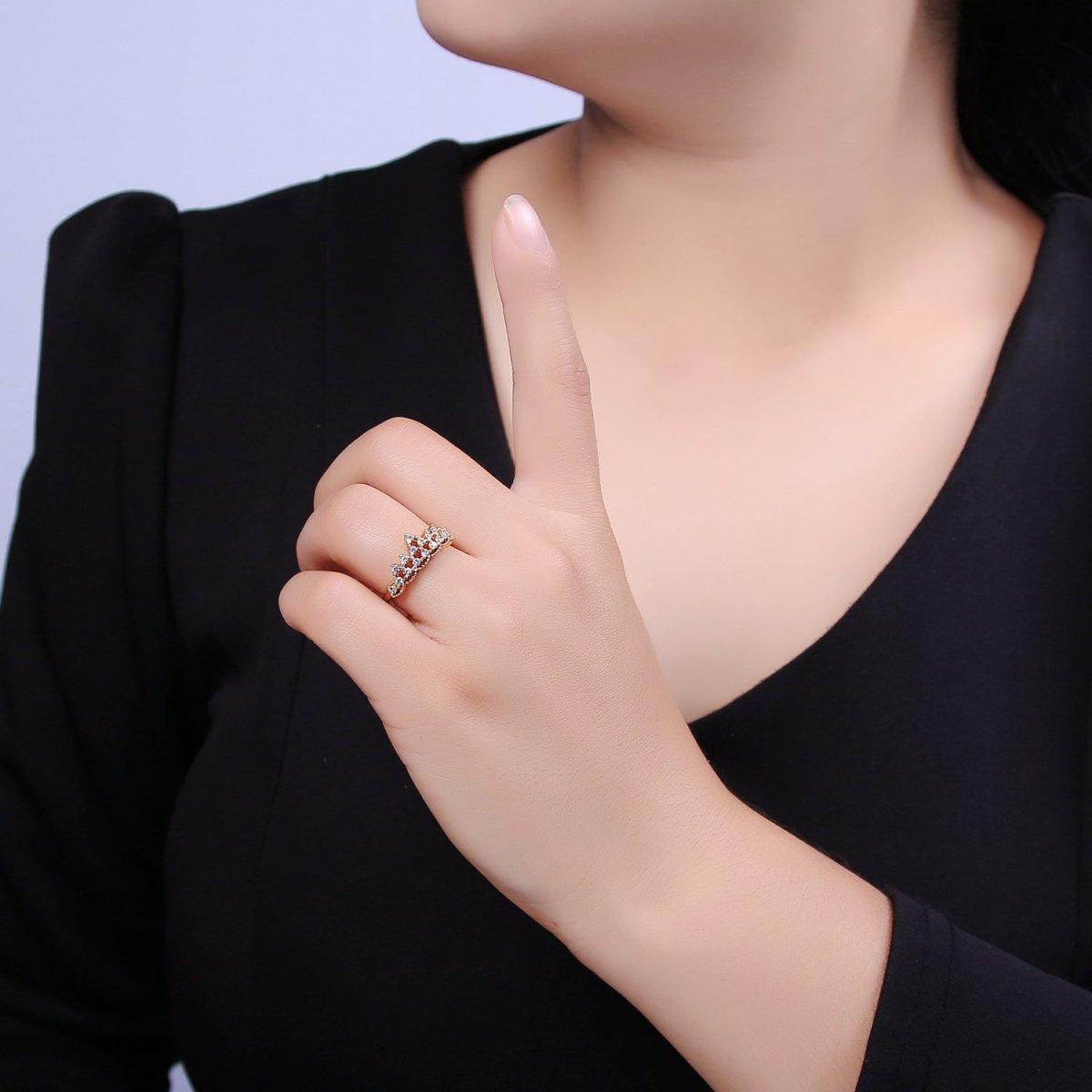 Tiara Crown Crystal Cubic Zirconia CZ Adjustable Ring, 16K Gold Filled Statement Jewelry U-347 - DLUXCA