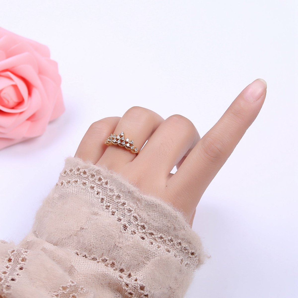 Tiara Crown Crystal Cubic Zirconia CZ Adjustable Ring, 16K Gold Filled Statement Jewelry U-347 - DLUXCA