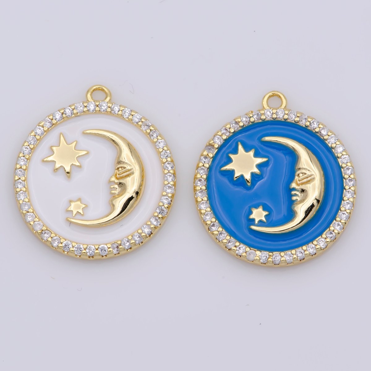 Tiny Celestial Charm White Blue Enamel Moon and Star Charms with Micro Pave Coin Base Moon Charms Jewelry Supplies M-906 - DLUXCA