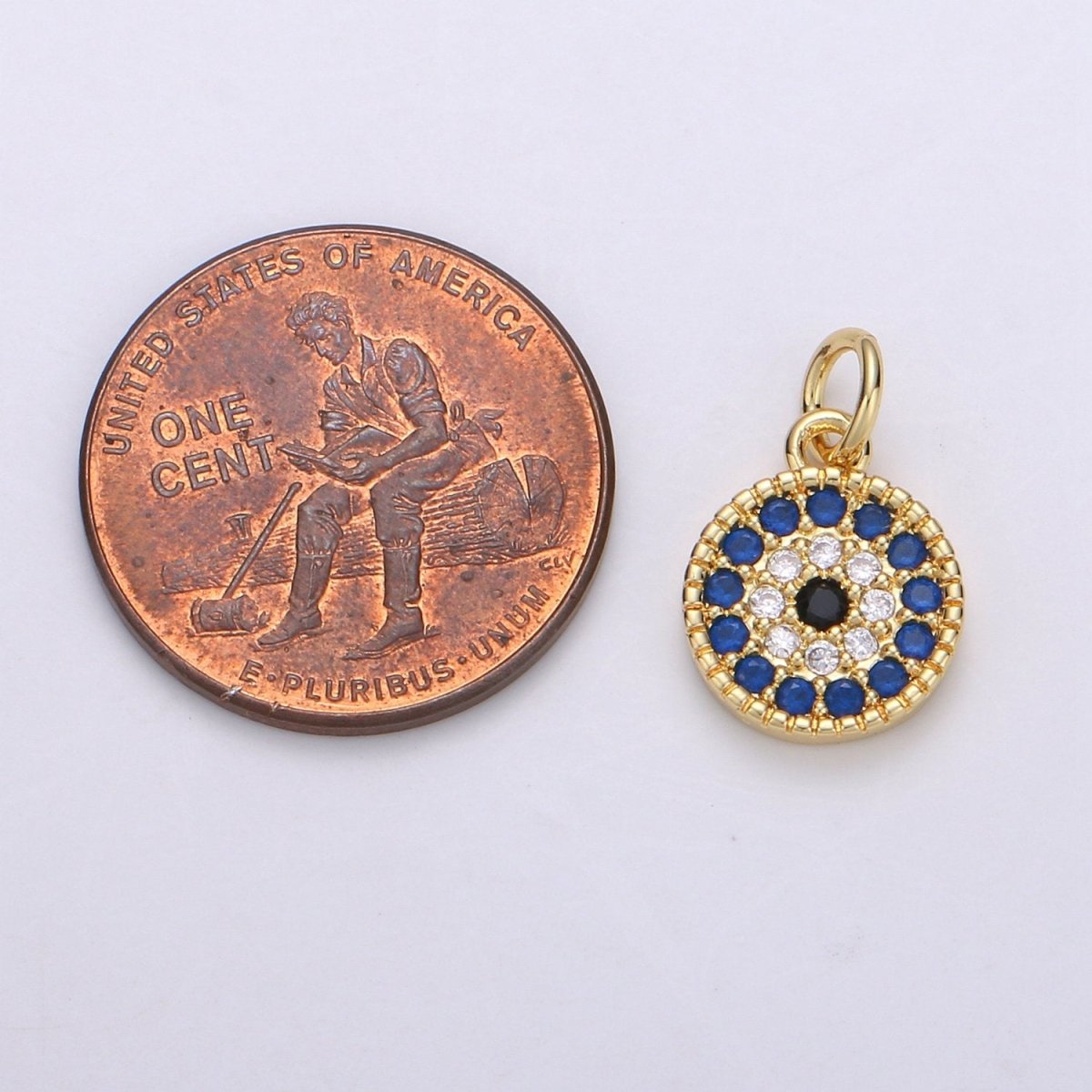Tiny CZ Blue Micro Pave Coin Charm, Round Disc Pave Charm, Gold Filled Micro Pave Dangle Charms for Necklace Bracelet Earring Supply E580 - DLUXCA