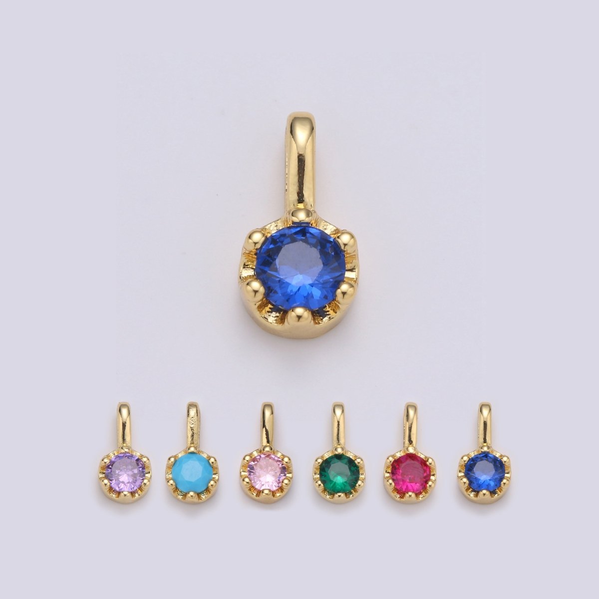 Tiny Dainty Round Gold Charm CZ Cubic Zirconia 10mm Charm Drop Round Small Color Full Cz Birthstone Add on Charm Dangle Charm D-599 to D-604 - DLUXCA