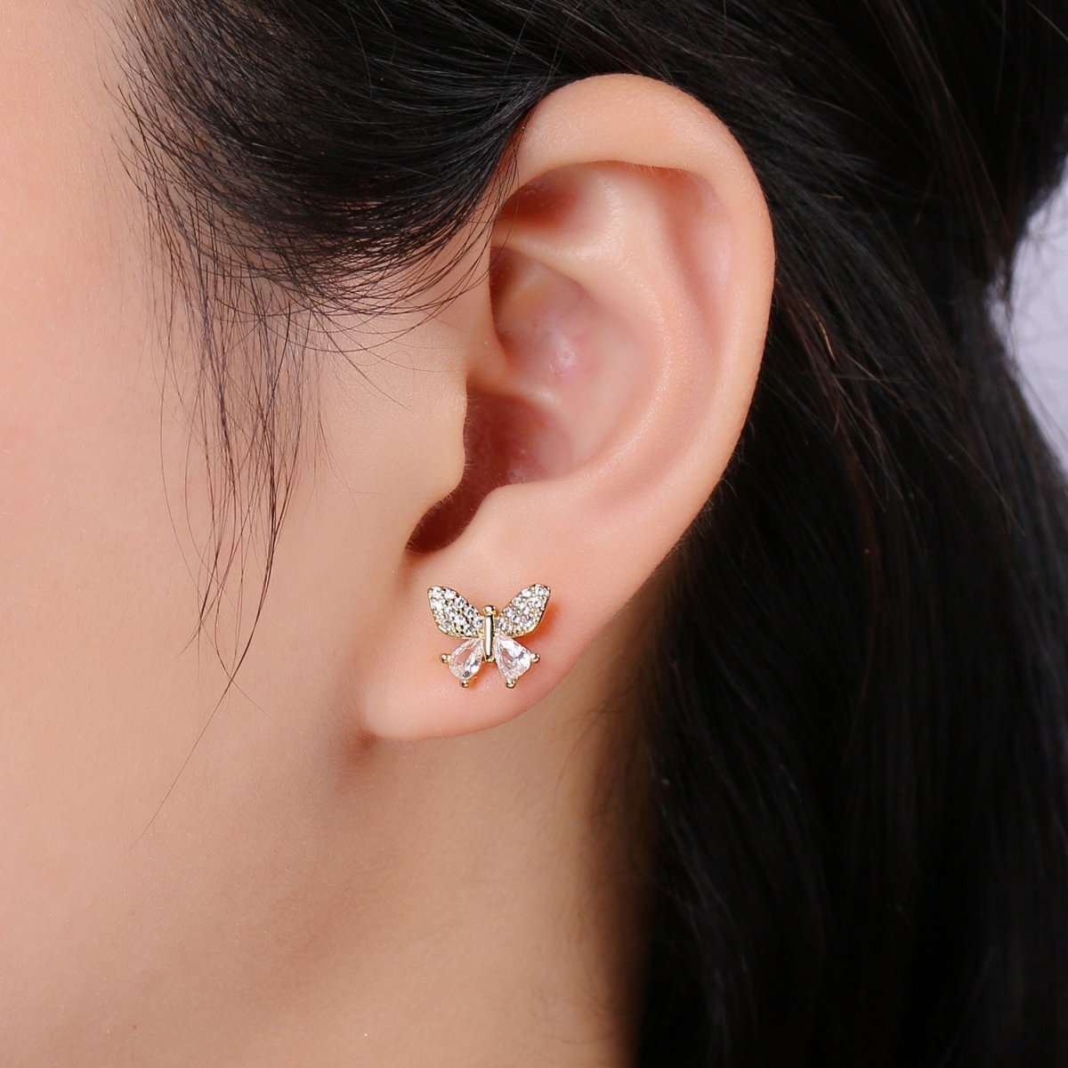 Tiny Golden Butterfly Stud Earrings CZ Mini Gold Filled Mariposa Animal Nature Formal/Casual Daily Wear Earring Jewelry P-021 - DLUXCA