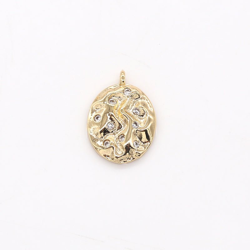 Tiny Golden Oval Rustic Coin Charm CZ Geometric Oval Shape Medallion Charm Pendant AC1445 - DLUXCA