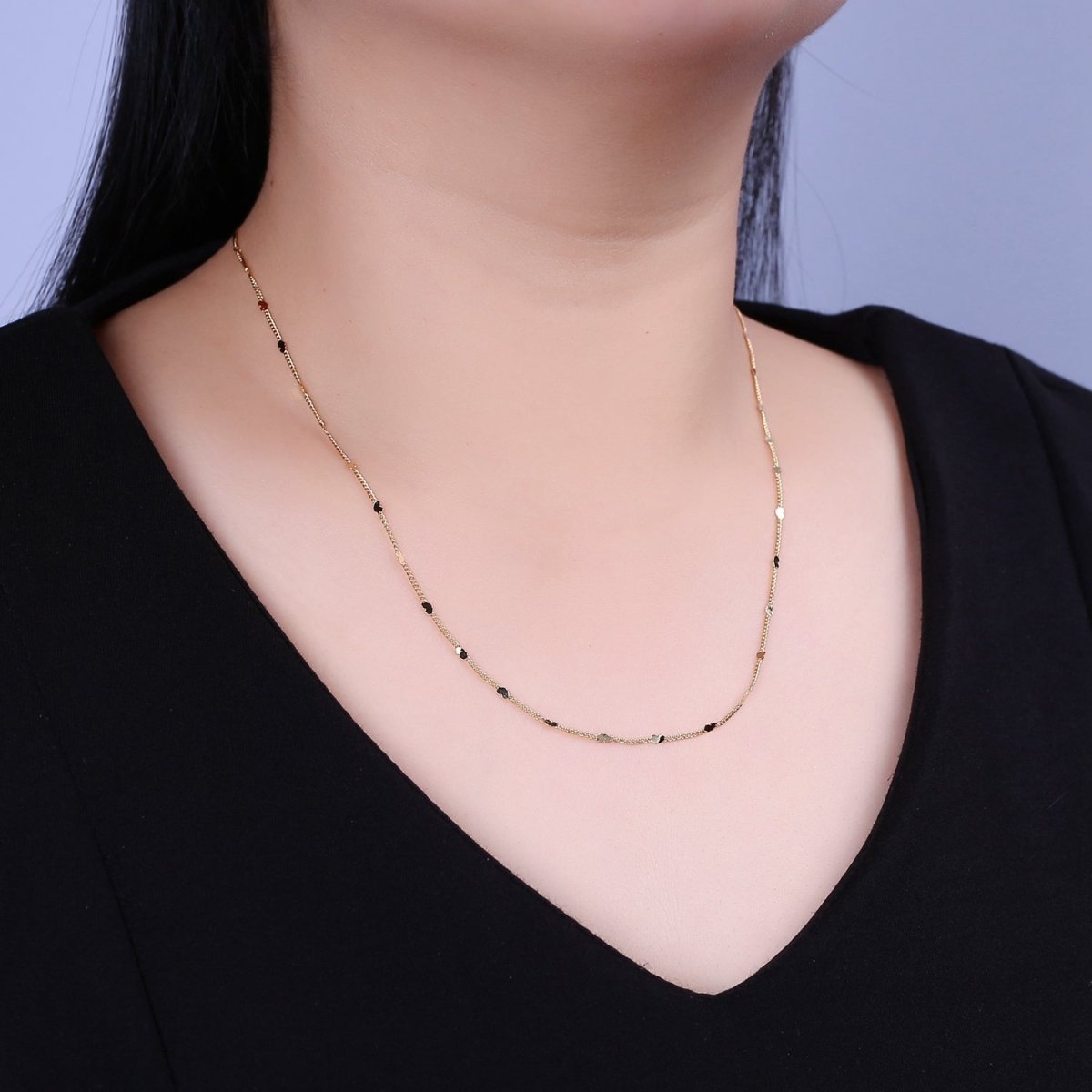 Tiny Heart Necklace in Gold Disc Satellite Chain 24k Gold Filled Curb Chain Dainty Necklace | WA-872 - DLUXCA