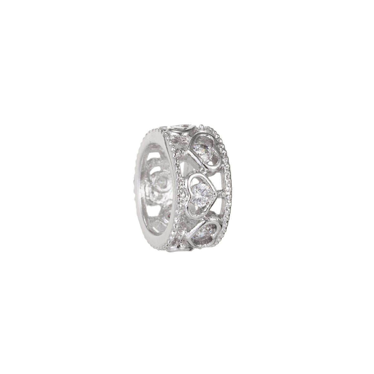 Tiny Hearts Ornamented Silver Round Wheel Beads CZ Crystal Valentine Love Heart Geometric Jewelry Beads Supply B-260 - DLUXCA